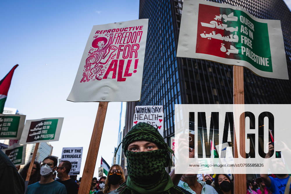 Activist group, Bodies Outside of Unjust Laws and a coalition of reproductive rights and pro-Palestine activists rally and march downtown Chicago. Chicago USA - ZUMAd256 20240818_znp_d256_021
