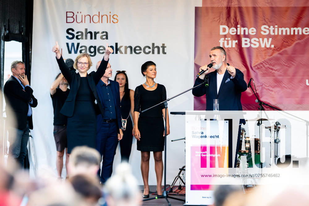 BSW ELECTION CAMPAIGN EVENT IN EISENACH 19 08 2024 Eisenach The direct candidate and chairwoman of BSW Thuringia, Katja Wolf, Steffen Quasebarth BSW , the federal chairwoman of BSW, Sahra Wagenknecht, and the chairman of BSW Thuringia, Steffen Schütz, on the stage Election campaign event for the state e