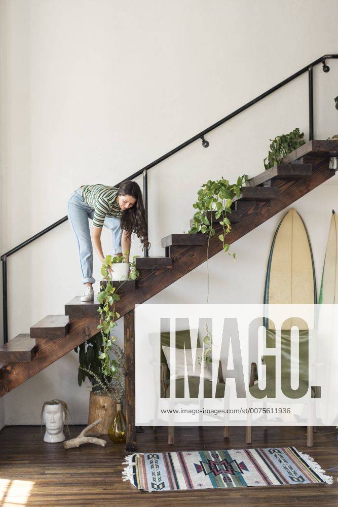 Young woman on stairs in a loft caring for potted plant model released Symbolfoto property released WESTF22099