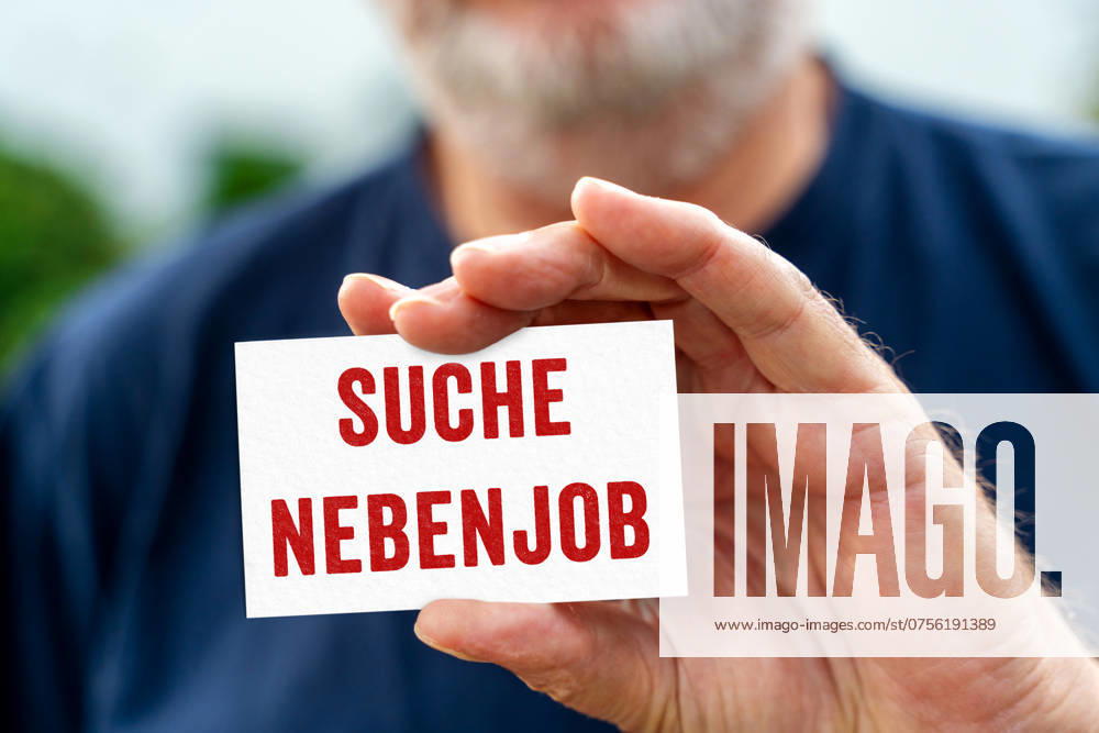 Old man holding a sign with the inscription: Looking for part-time job. PHOTOMONTAGE