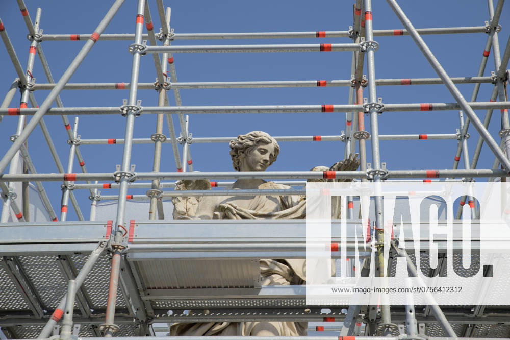 One of the statues on Ponte Sant Angelo surrounded by scaffolding to allow for its restoration in Rome.Restoration activities on the Statues of Ponte Santâ€⠢Angelo have begun in Rome with the aim of preserving and protecting the monuments by disinfecting surfaces, removing unwanted deposits, cleaning, sealing cracks, replacing damaged parts, and applying protective products. Rome Italy - ZUMAv147 20240821_zip_v147_012
