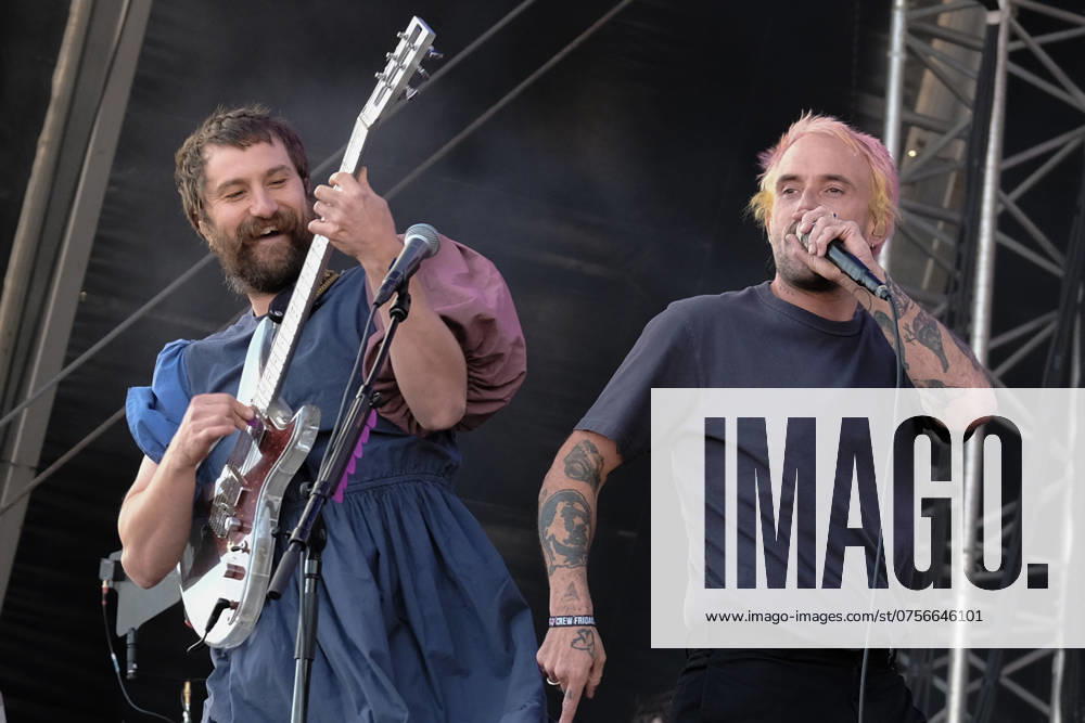 Idles performs in Southsea, UK - 23 Aug 2024 Guitarist Mark Bowen and British singer and songwriter Joseph Talbot aka Joe Talbot , lead singer with British punk rock band Idles perform live on stage at Victorious Festival Southsea United Kingdom
