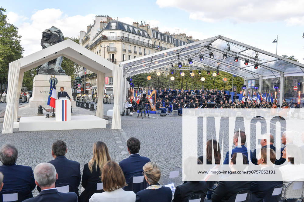 80th Anniversary Of The Liberation Of Paris President Emmanuel Macron delivers a speech during a ceremony commemorating the 80th anniversary of the Liberation of Paris next to the Denfert Rochereau Square, in Paris, France on August 25, 2024. Nazi Germany surrendered Paris on August 25, 1944, following the French Resistance uprising during World War II. Photo by Isa Harsin Pool ABACAPRESS.COM Paris France