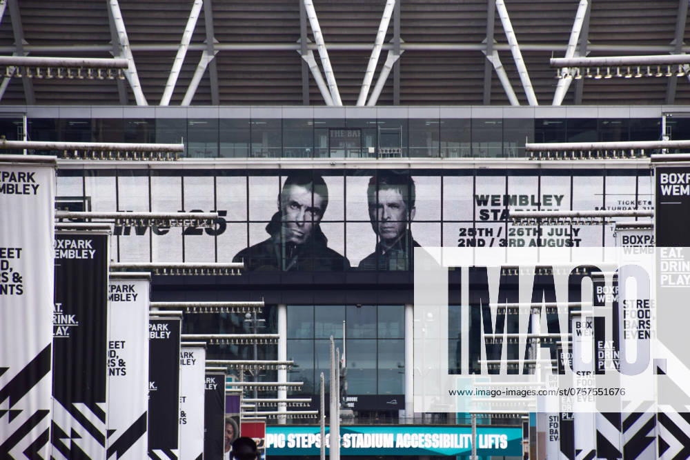 Screens at Wembley Stadium advertise the forthcoming gigs by Oasis, currently scheduled to play four nights in July and August 2025 at the famous stadium, as tickets are due to go on sale later in the week. The Manchester rock band, led by Noel and Liam Gallagher, recently announced a reunion tour after 15 years. London UK - ZUMAv130 20240828_zip_v130_001