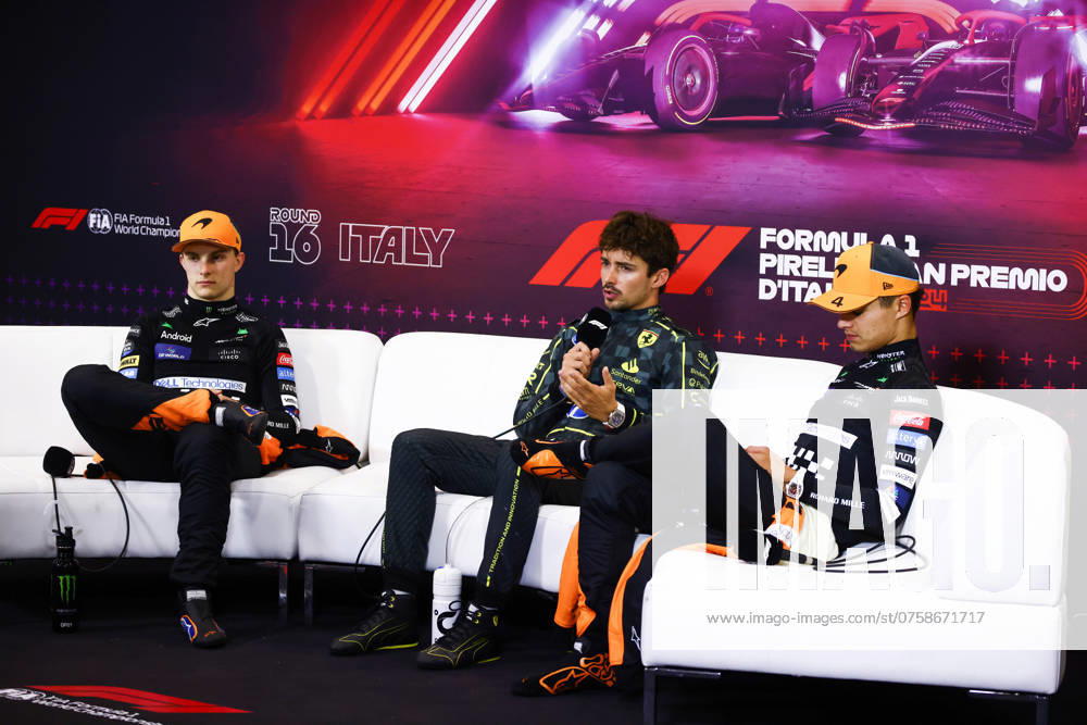 Charles Leclerc of Ferrari, Oscar Piastri of McLaren and Lando Norris of McLaren attends a press conference after the Italian Formula One Grand Prix at Autodromo Nazionale Monza circuit, in Monza on September 1st, 2024. Monza Italy - ZUMAz156 20240901_zip_z156_113