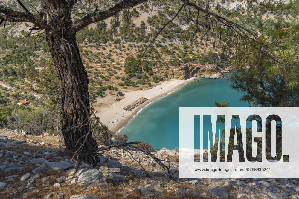 View of Livadi Beach from Viewpoint Archangel Michael, Thasos, Thassos, Aegean Sea, Greek Islands, Greece, Europe