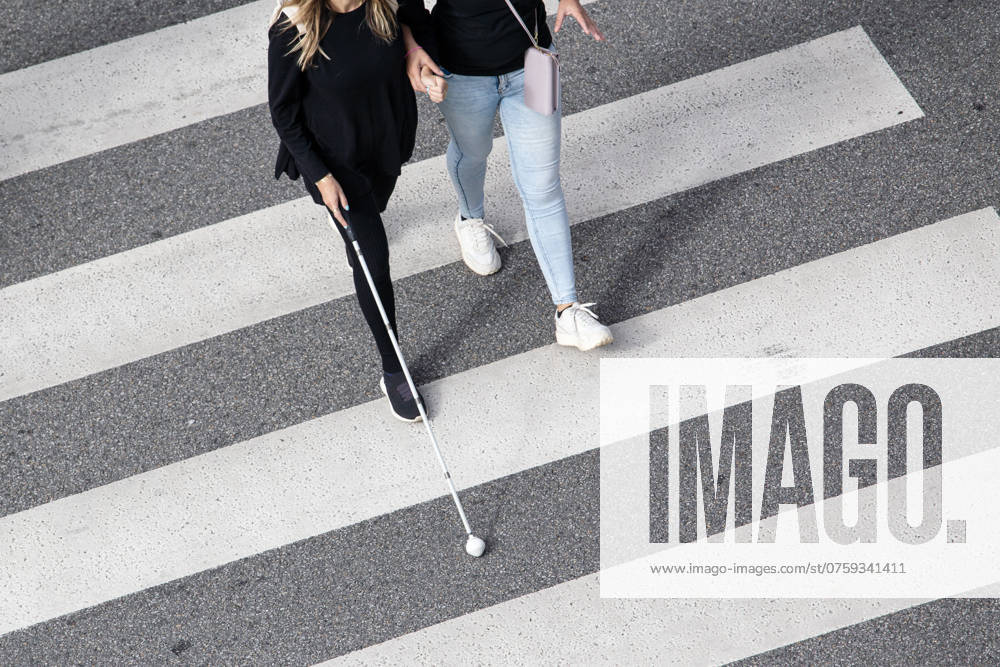 Szene einer blinden Frau, die auf einem Zebrastreifen geht und von einer anderen Person mit ihrem weißen Stock unterstützt wird. Hilfe in den frühen Stadien der Erblindung Scene of a Blind woman walking on zebra crossing helped by another person using her white cane. Help in the early stages of blindness