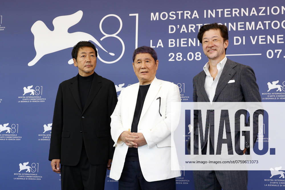 Japanese director Takeshi Kitano (C), Japanese actors Tadanobu Asano (R) and Nao Omori pose at a photocall of ˜Broken Rage at the 81st annual Venice International Film Festival, in Venice, Italy, 06 September 2024. The movie is presented out of competition at the festival running from 28 August to 07 September 2024. ANSA FABIO FRUSTACI Venice ITALY - ZUMAa110 20240906_zaf_a110_086