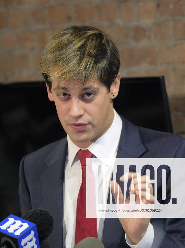 Right wing commentator Milo Yiannopoulos appeared at a news conference during which he announced his resignation as a senior editor with Breitbart News on February 21 2017 in New York City