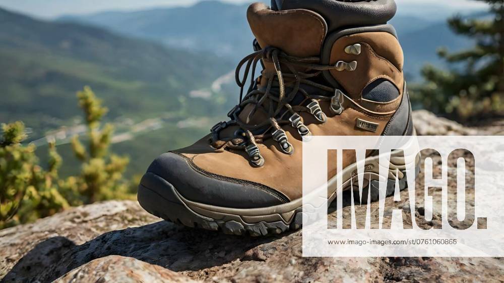 Hiking Boot on Rocky Terrain With Scenic Mountain View in Daylight, A sturdy hiking boot is positioned on a rocky surface, showcasing its rugged design and grip. In the background, mountains stretch out under clear blue skies, emphasizing an adventurous outdoor atmosphere. This scene captures the spirit of exploration and appreciation for nature., A sturdy hiking boot is positioned on a rocky surface, showcasing its rugged design and grip. In the background, mountains stretch out under clear blue skies, emphasizing an adventurous outdoor atmosphere. This scene captures the spirit of exploration and appreciation for nature., 04.08.2024,