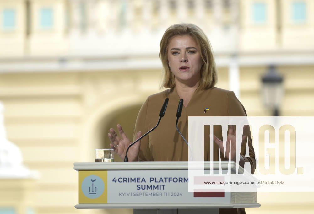 KYIV, UKRAINE - SEPTEMBER 11, 2024 - Prime Minister of the Republic of Latvia Evika Silina attends a news conference of the participants of the Fourth Crimea Platform Summit, Kyiv, capital of Ukraine. News conference of 4th Crimea Platform Summit guests in Kyiv