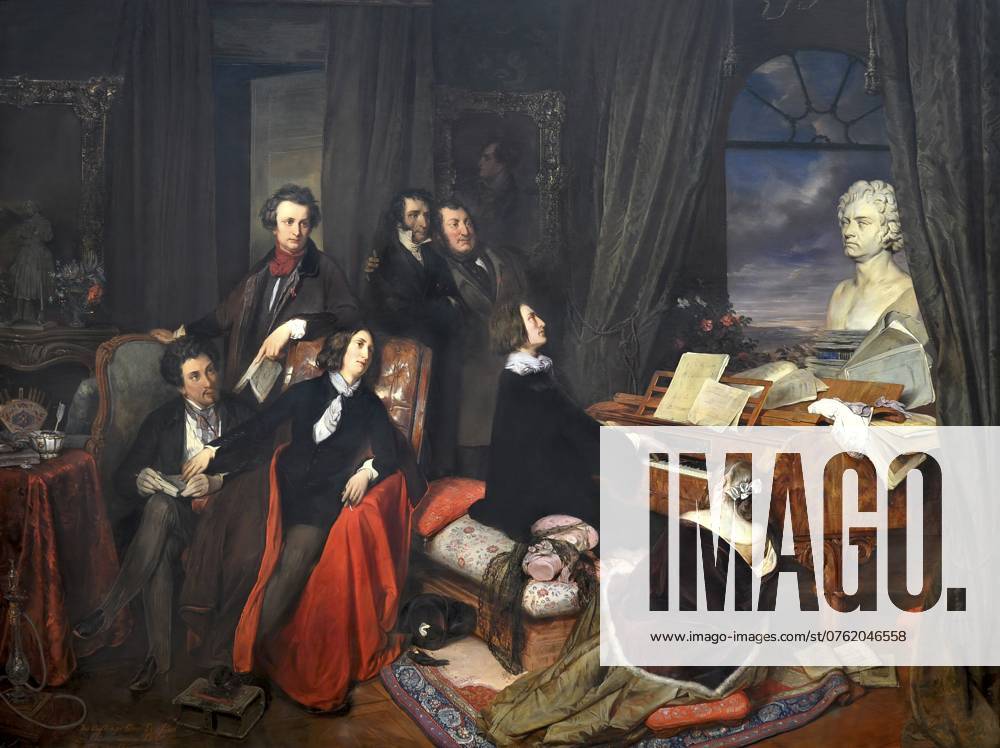 Franz Liszt am Klavier, von Josef Danhauser, 1840, mit Alfred de Musset oder Alexandre Dumas père, George Sand, Marie d Agoult, Hector Berlioz oder Victor Hugo, Niccolò Paganini, Gioachino Rossini, digital optimiert Franz Liszt at the Piano, by Josef Danhauser, 1840, with Alfred de Musset or Alexandre Dumas père, George Sand, Marie d Agoult, Hector Berlioz or Victor Hugo, Niccolò Paganini, Gioachino Rossini, digitally optimized