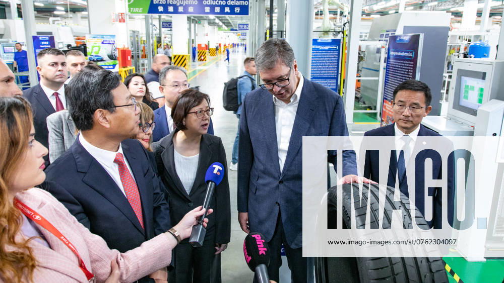 (240914) -- BEIJING, Sept. 14, 2024 -- Serbian President Aleksandar Vucic (2nd R) visits the tire factory as he attends the inauguration ceremony for serial production in China s first tire manufacturing facility in Europe, in Zrenjanin, Serbia, Sept. 13, 2024. China s tire factory begins mass production in Serbia. Mass production officially began at Linglong s new tire factory in Zrenjanin, Serbia on Friday, marking China s first tire manufacturing facility in Europe. (Photo by Xinhua) XINHUA PHOTOS OF THE DAY WangxWei