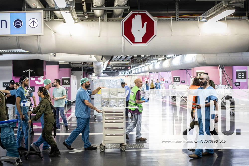 Haifa Underground emergency Hospital Hospital staff moves equipment at the underground parking of the Rambam Hospital in Haifa, Sunday, Sept 22 2024. The Hospital moved its wards and patients underground after Hezbollah launched more than 100 rockets early Sunday across a wider and deeper area of northern Israel, with some landing near the city of Haifa, and Israel launched hundreds of strikes on Lebanon. The sides appeared to be spiraling toward all-out war following months of escalating tensions. Photo by Eyal Warshavsky. Haifa Israel
