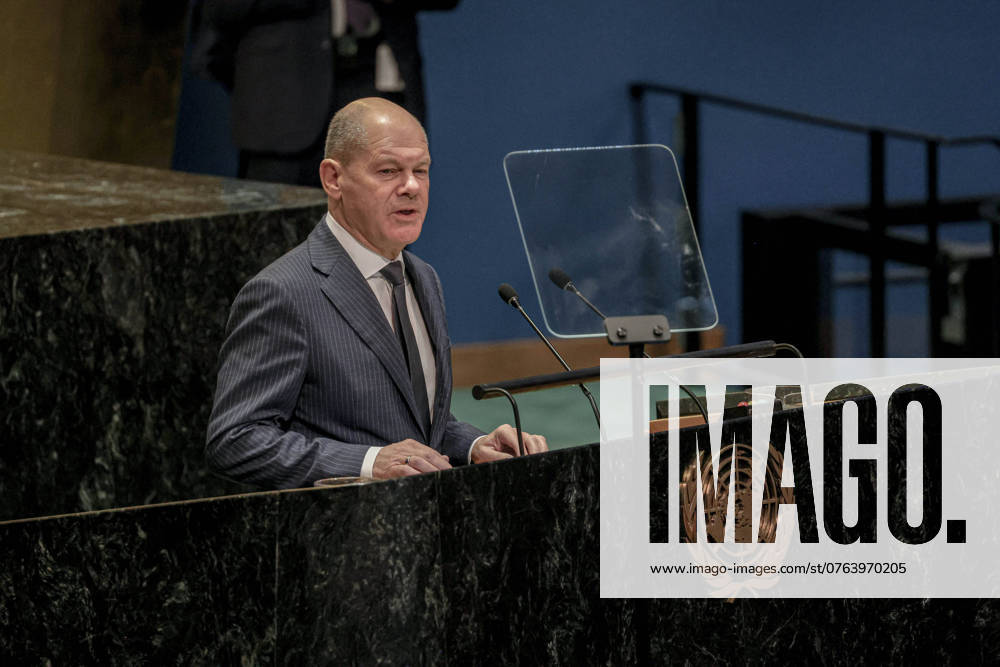 OLAF SCHOLZ , Chancellor, Federal Republic of Germany speaks during The first official day of - Summit of the Future in regards to the - A Pact for the Future, a document that was introduced by Germany and Namibia and agreed in advance by consensus through intergovernmental negotiations. .Although Russia attempted to obstruct the vote, stating lack of clear negotiations, it was passed with 143 in favor and 7 against with 15 abstentions which consider further consideration into Russiaâ€⠢s proposal. New York USA - ZUMAo116 20240922_znp_o116_099