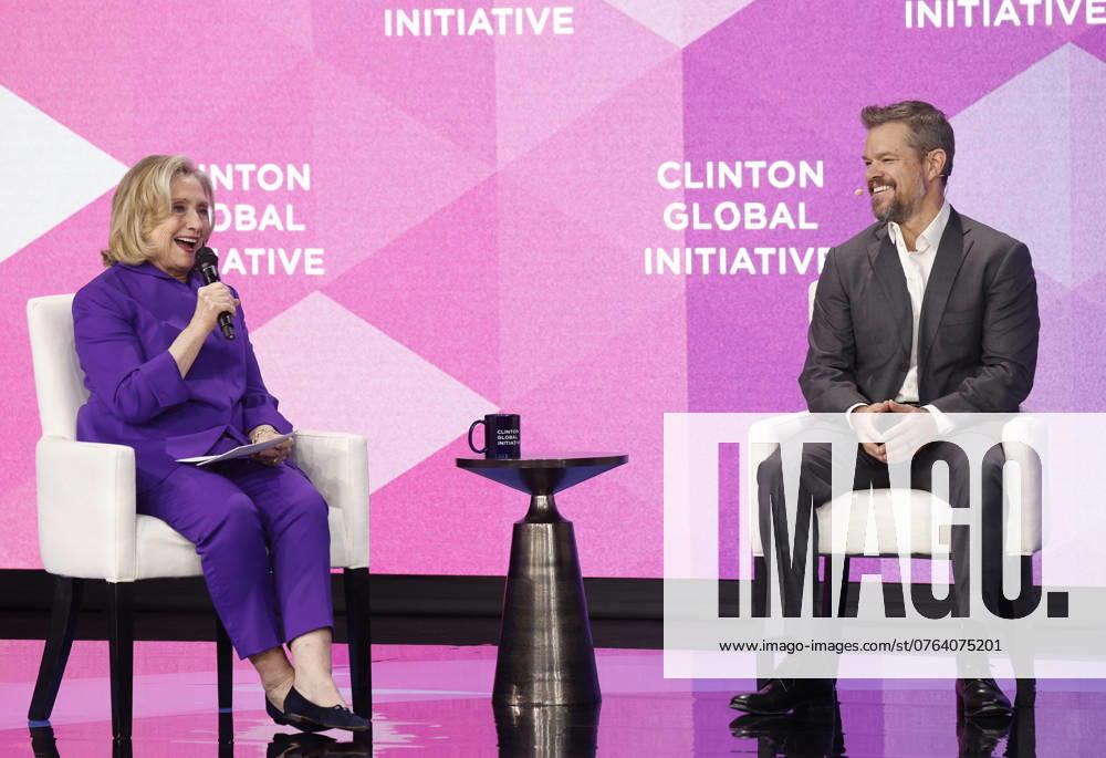 Former United States Secretary of State Hillary Clinton speaks with actor Matt Damon at the Clinton Global Initiative 2024 at the New York Hilton Midtown in New York City on Monday, September 23, 204. NYP20240923125 JOHNxANGELILLO