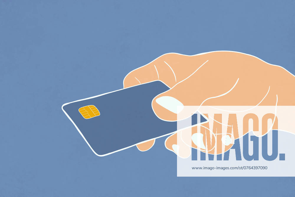 A simplistic yet captivating illustration of a human hand gently holding a blue credit card, portrayed against a soft blue background, ideal for banks and financial themes Model Released HodeiUnzueta_ID23886_693111_005