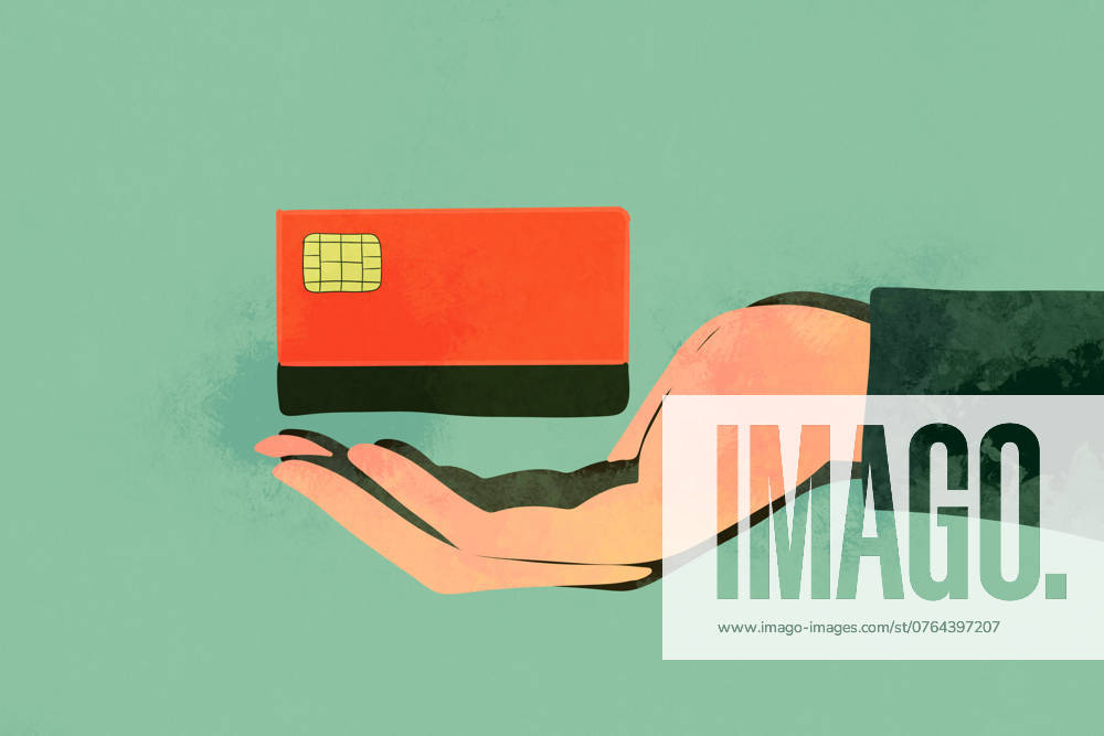 A stylized illustration of an outstretched hand holding a vibrant red credit card, set against a soft green background The minimalist design emphasizes the concept of financial transactions Model Released HodeiUnzueta_ID23886_693117_011