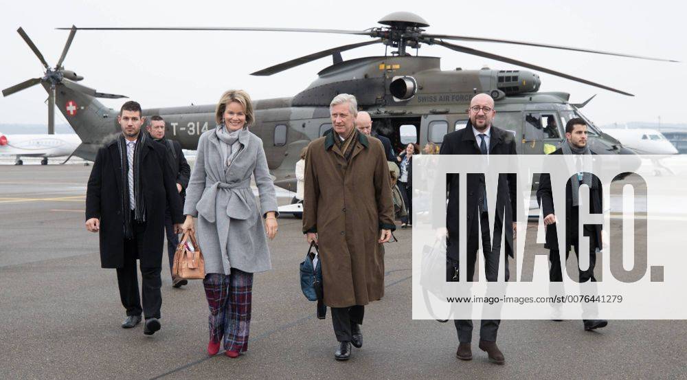 Queen Mathilde, King Philippe - Filip of Belgium and Belgian Prime Minister Charles Michel leave a helicopter prior to taking a flight back to Brussels after the 47th edition of the World Economic Forum annual meeting in Davos, Switzerland, Thursday 19 January 2017. The yearly meeting takes place from 17 to 19 January with heads of governments and economic leaders. BENOITxDOPPAGNE 05029479