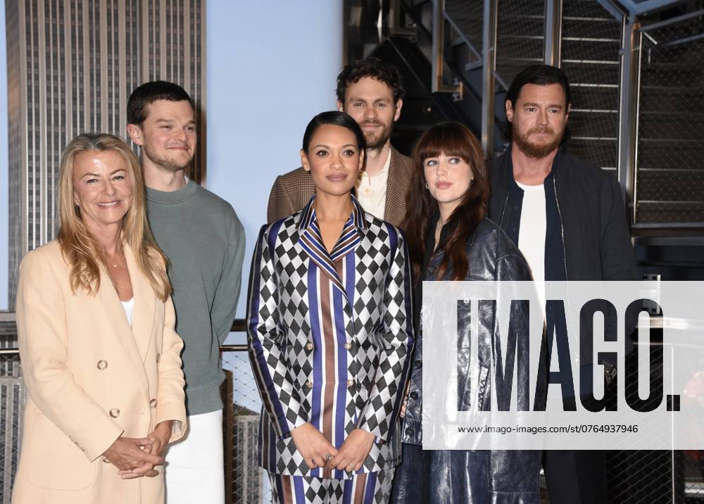NEW YORK, NY: SEPTEMBER 26: Charlotte Brändström, Robert Aramayo, Cynthia Addai-Robinson, Charlie Vickers, Markella Kavenagh and Benjamin Walker pictured as the cast of The Lord Of The Rings: The Rings Of Power celebrate season two at The Empire State Building on September 26, 2024 in New York City.