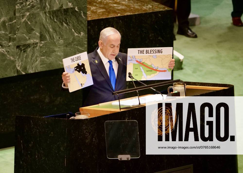 KW39 New York, UNO-Generalversammlung, Rede von Benjamin Netanjahu Prime Minister of Israel, Benjamin Netanyahu speaks at UNGA 79 in New York. (NEW) Prime Minister of Israel, Benjamin Netanyahu speaks at UNGA 79 in New York. September 27, 2024, New York, USA: The Prime Minister of Israel, His Excellency Benjamin Netanyahu speaks at UNGA79 in New York, with the session theme as Leaving no one behind: acting together for the advancement of peace, sustainable development and human dignity for present and future generations. Credit: Niyi Fote Thenews2 (Foto: Niyi Fote Thenews2 imago images) Prime Minister of Israel, Benjamin Netanyahu speaks at UNGA 79 in New York.