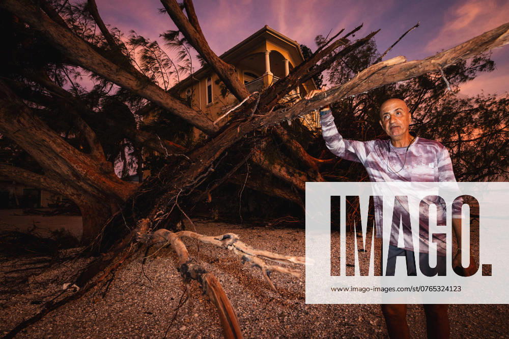 Local Sunset Beach resident, Joseph Semrani, describes how trees and homes were battered and damaged by flood waters due to the record breaking storm surge affects of HURRICANE HELENE Treasure Island USA - ZUMAd256 20240927_znp_d256_025