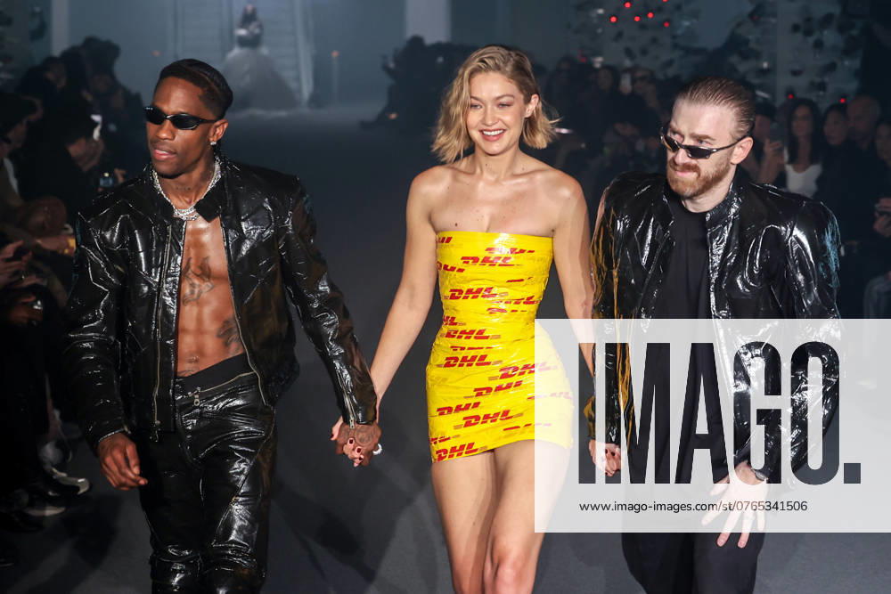 Paris Fashion Week Celebrities walk the runway for Vetements Vetements ready to wear Spring Summer 2025 fashion show at Paris Fashion Week Defile pret a porter printemps ete 2025 de Vetements pendant la semaine de la mode a Paris Travis Scott, Gigi Hadid et Guram Gvasalia 309750 2024 09 27