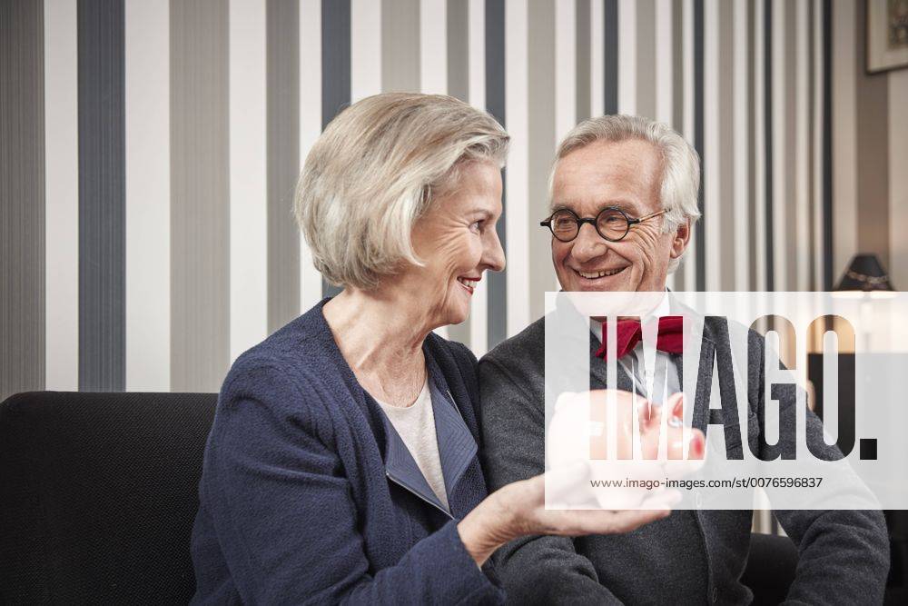 Happy senior couple sitting on couch with piggy bank model released Symbolfoto property released RHF01775