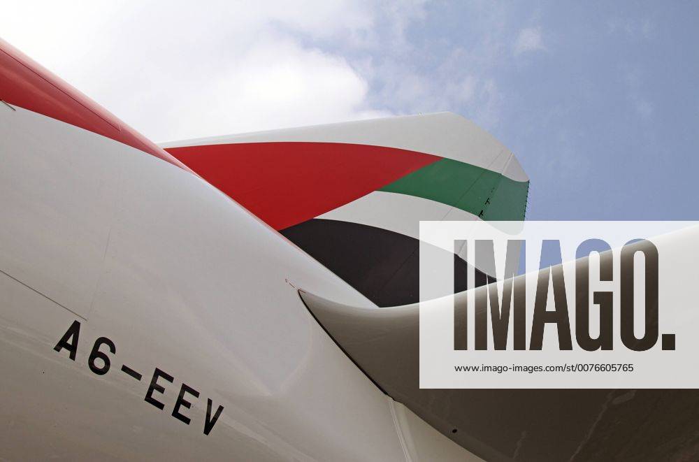 Schoenefeld, Brandenburg, Deutschland - Heck eines Airbus A380-800 der Fluggesellschaft Emirates. 00S140523D806.JPG MODEL RELEASE: NOT APPLICABLE, PROPERTY RELEASE: NO MR:Y