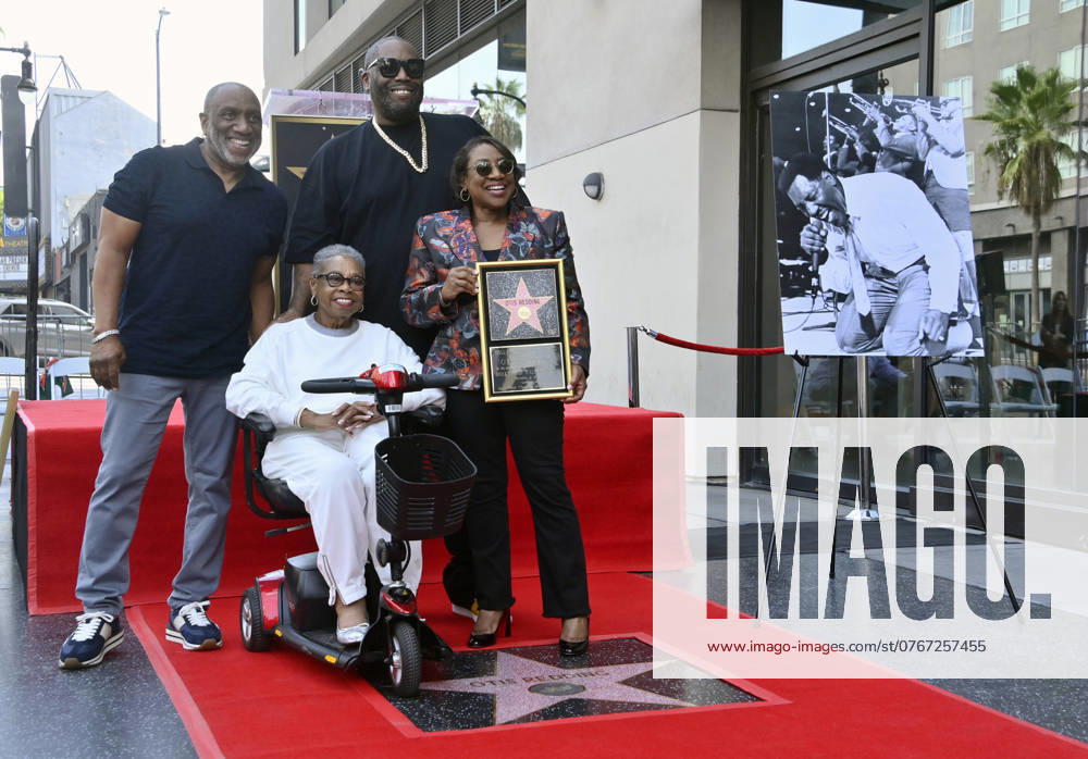 Dexter Redding and Killer Mike (L-R, rear) and Zelma Redding and Karla Redding-Andrews, (L-R, foreground), participate in a posthumous unveiling ceremony honoring the late entertainer Otis Redding with the 2,791st star on the Hollywood Walk of Fame on Friday, October 4, 2024. LAP2024100414 JIMxRUYMEN