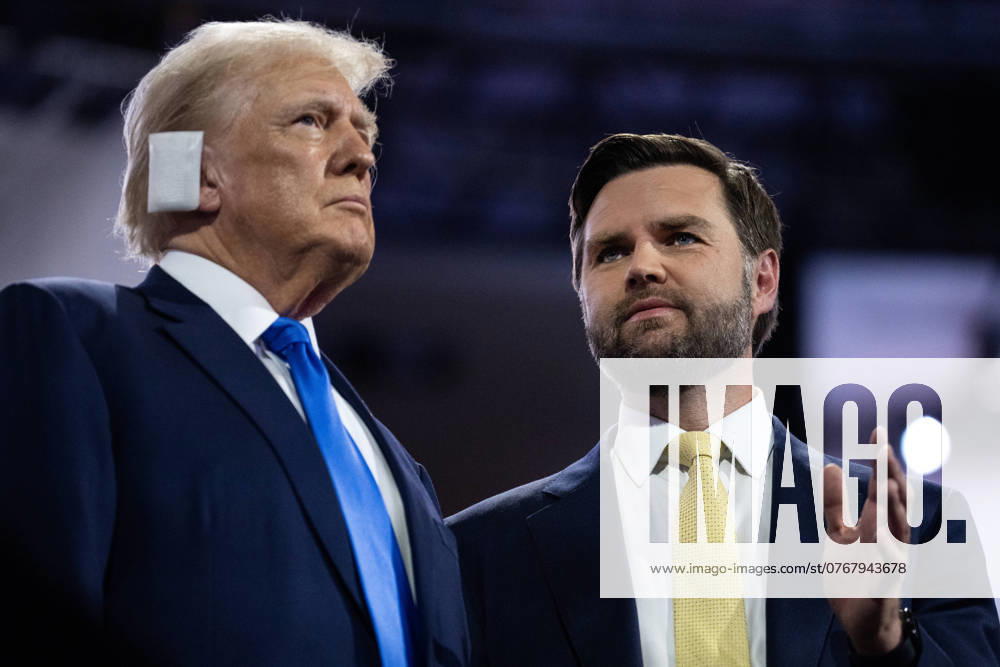 2024 Republican National Convention TW UNITED STATES - JULY 16: Former President Donald Trump, the Republican presidential nominee, is pictured with his running mate Sen. JD Vance, R-Ohio, in Fiserv Forum on the second day of Republican National Convention in Milwaukee, Wis., on Tuesday, July 16, 2024. (Tom Williams CQ Roll Call) Milwaukee WI United States