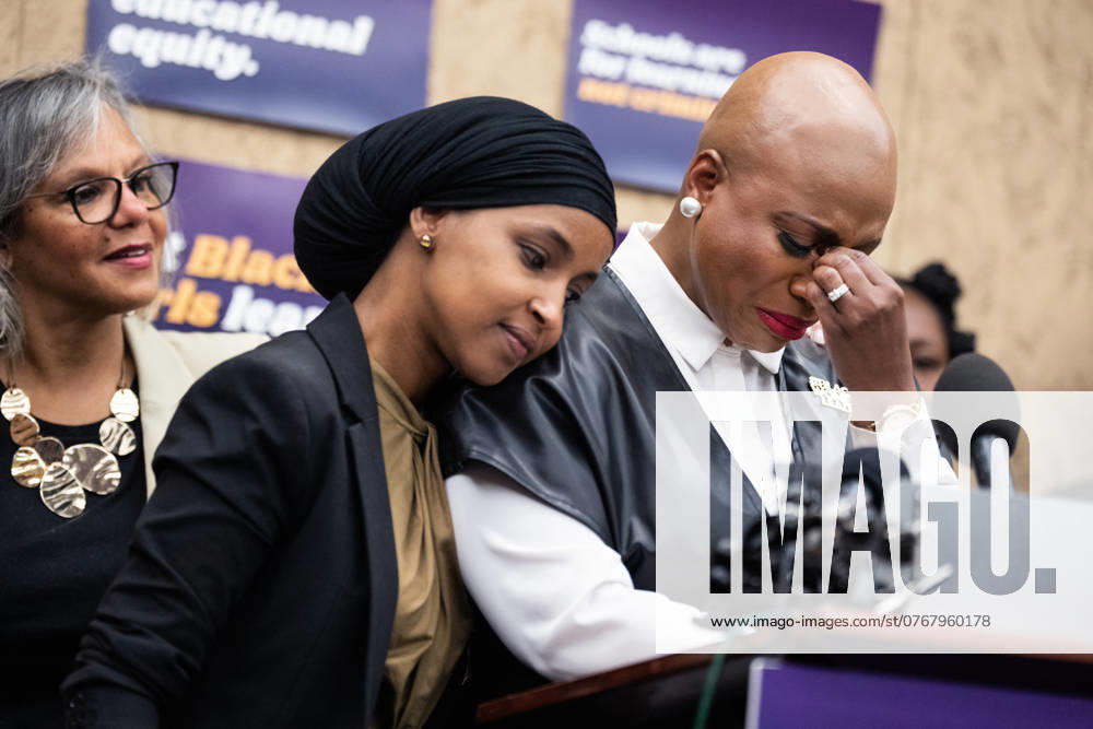 Disciplinary Presser UNITED STATES - SEPTEMBER 19: Rep. Ayanna Pressley, D-Mass., right, is comforted by Reps. Ilhan Omar, D-Minn., center, and Robin Kelly, D-Ill., during a news conference in the Capitol Visitor Center on the disparate impact of school disciplinary policies and practices on Black and brown girls in K-12 public schools,? on Thursday, September 19, 2024. (Tom Williams CQ Roll Call) Washington DC United States
