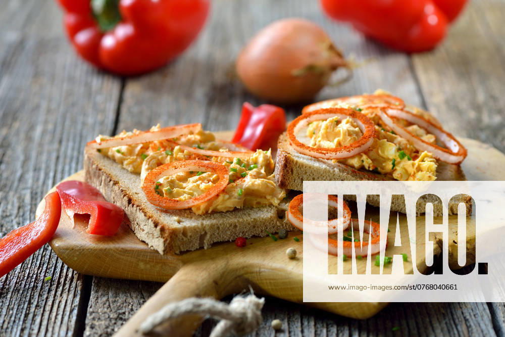 Bayerische Käsebrotzeit Bayerischer Obazter mit Paprika-Zwiebelringen auf frischem Landbrot; A Bavarian snack: So called Obazda - cheese specialty made of melted camembert with cream cheese and butter, onions, a splash of beer and some spices - served on rustic bread with onion rings