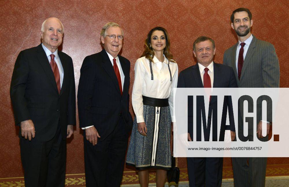 (L-R) Senators John McCain (Arizona), Senate Minority Leader Mitch McConnell (Kentucky) and Tom Cotton (Arkansas) pose with Jordan s King Abdullah II (2nd,R) and Queen Rania (C) prior to a meeting, at the US Capitol, January 31, 2017, in Washington, DC. The leaders were expected to discuss regional security issues and President Trump s travel ban. WAP20170131502 MIKExTHEILER