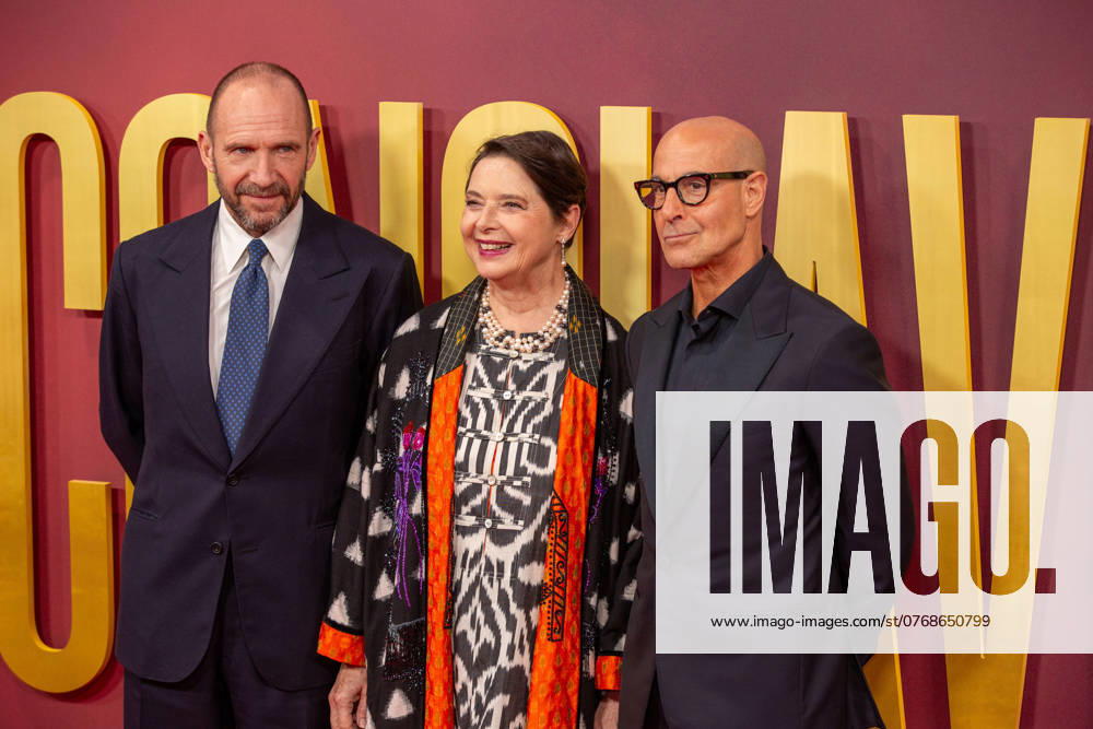 CONCLAVE headline gala at the 68th BFI London film festival in London - 10 Oct 2024 (L-R) Ralph Fiennes, Isabella Rossellini and Stanley Tucci attend the Headline Gala screening of CONCLAVE during the 68th BFI London Film Festival at The Royal Festival Hall London United Kingdom