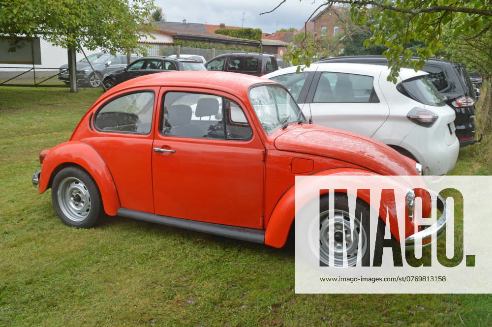 VW Beetle Germany Saxony Anhalt Altmark Altmarkkreis Salzwedel town Klötze district Böckwitz border museum parking lot rainy weather parked VW Beetle built from 1938 2003 four-cylinder boxer engine rear-wheel drive
