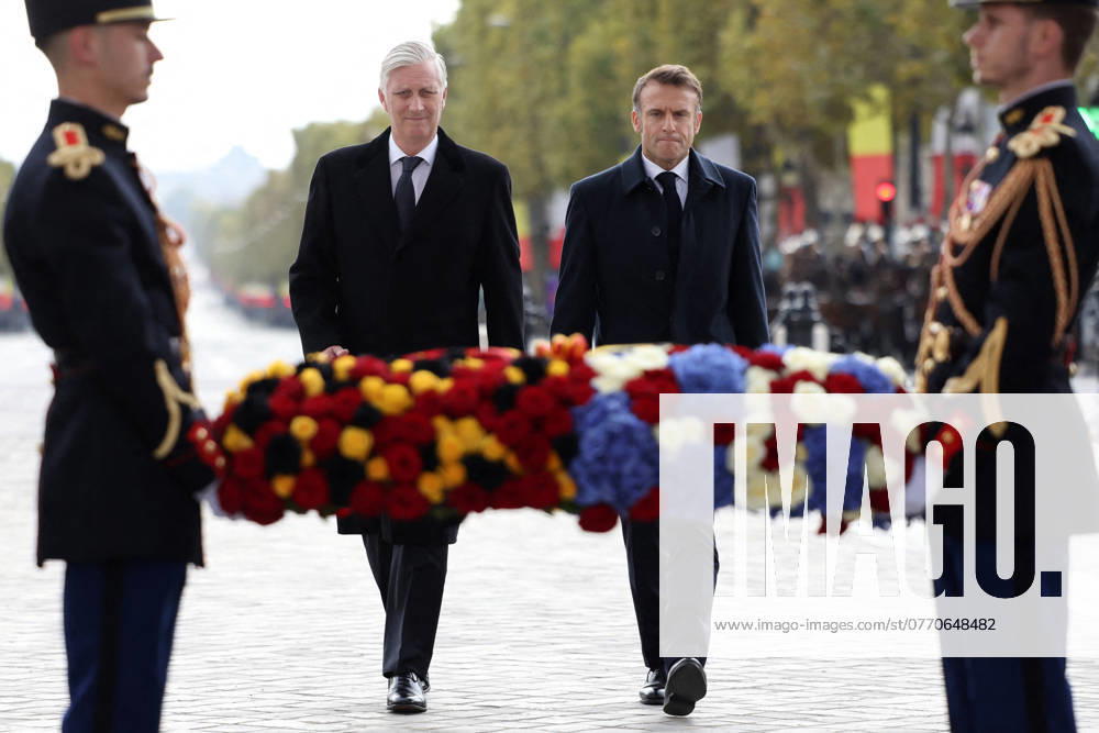 Belgian Royal Couple Attend A Ceremony At The Arc De Triomphe - Paris King Philippe of Belgium, French President Emmanuel Macron attending a ceremony at the Tomb of the Unknown Soldier during a ceremony at the Arc de Triomphe in Paris on October 14, 2024. Philippe, King of the Belgians, and his wife Queen Mathilde are in France on a state visit at the invitation of President Emmanuel Macron, to celebrate Franco-Belgian cultural ties and the shared views on European issues. Photo by Stephane Lemouton Pool ABACAPRESS.COM Paris France