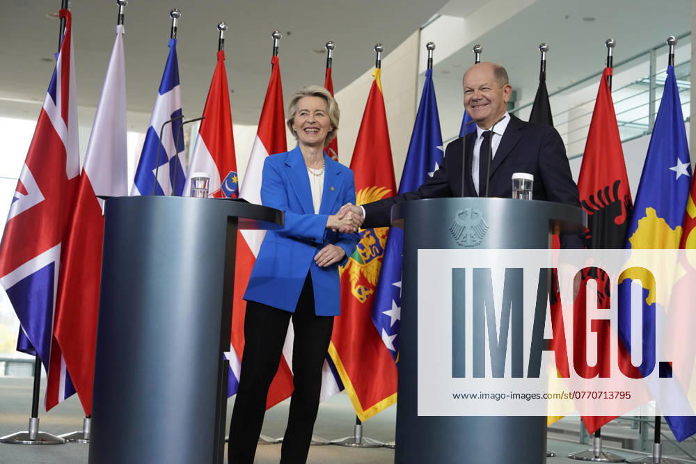 Berlin Process Summit in the Chancellery, Scholz, Ursula von der Leyen Berlin Process Summit in the Chancellery, Press conference with Federal Chancellor Olaf Scholz and President of the European Commission, Ursula von der Leyen Berlin Berlin GER