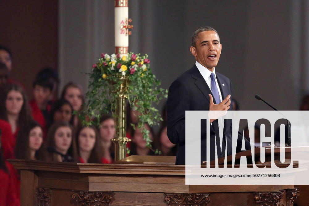President Barack Obama and Wife Michelle Attend Interfaith Service For Victims Of Boston Marathon Bombings United States President Barack Obama speaks at an interfaith prayer service for victims of the Boston Marathon attack titled Healing Our City, at the Cathedral of the Holy Cross on April 18, 2013 in Boston, Massachusetts. Authorities investigating the attack on the Boston Marathon have shifted their focus to locating the person who placed a black bag down and walked away just before the bombs went off. The twin bombings at the 116-year-old Boston race, which occurred near the marathon finish line, resulted in the deaths of three people and more than 170 others injured. Photo Credit: Spencer Platt CNP AdMedia Boston Massachusetts Unit