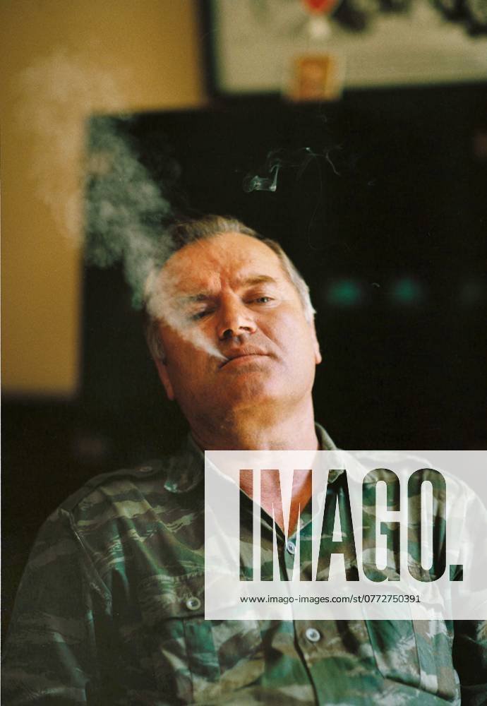 19930623 FILES File portrait of Ratko Mladic, Supreme Commander of the Serbian forces in Bosnia during the war, exhales some jcigarrete smoke during an interview in Han Pijesak, Bosnia, June 23 1993 Mladic was arrested Thursday HAN PIJESAK Bosnia Herzegovina ttexport x4x