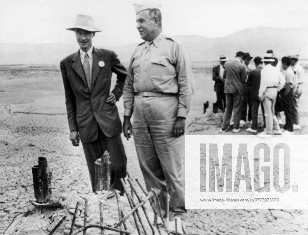 Original caption... All that s left of atomic base tower. Los Alamos, New Mexico...Dr.J.Oppenheimer, of the university of California and director of the Las Alamos atomic bomb test project, and major general Leslie E. Groves, chief of Manhattan engineering district, stand alongside the remains of the tower from which the atomic test was set off 40 miles west of Carrimozo, New Mexico. Orig. caption... THEY DIRECTED ATOMIC TEST BLAST IN NEW MEXICO. Carrizozo, New Mexico. Here are Dr. J. R. Oppenheimer left, of the university of California, and major gen. Leslie E. Groves, Chief of the Manhattan engineering district looking at the base of the tower on which the atomic bomb was suspended during the test explosion in the obscure mountain range f