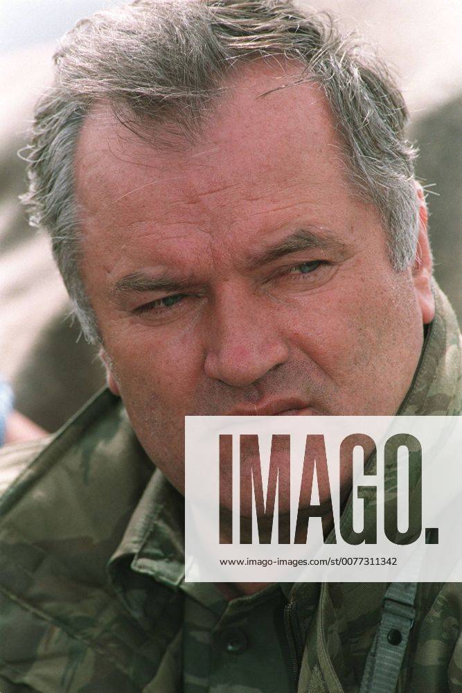 FILE PHOTO - Fugitive Bosnian Serb war crimes suspect RATKO MLADIC has been arrested in Serbia after 16 years on the run. Mladic, 69, was found in the village of Lazarevo in northern Serbia where had been living under an assumed name. He faces charges over the massacre of at least 7,500 Bosnian Muslim men and boys at Srebrenica in 1995. PICTURED: PICTURED: Apr. 16, 1994 - Gorazde, Bosnia and Herzegovina - Former Serb Army Commander RATKO MLADIC, right, near the town of Gorazde during the Bosnian War. - ZUMAs106 19940416_jas_s107_007