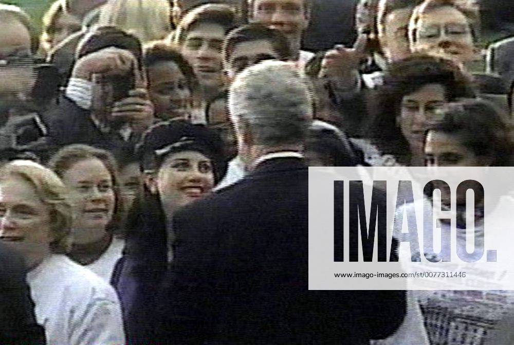 Sixteen years after the Monica Lewinsky scandal, the former White House intern whose affair with President Bill Clinton led to his impeachment - is speaking out for the first time about her affair. PICTURED: Nov. 6, 1996 - Washington, District of Columbia, U.S. - CNN Video Grab of PRESIDENT CLINTON hugging intern MONICA LEWINSKY at election victory party. - ZUMAz03_ 19961106_jlr_z03_160