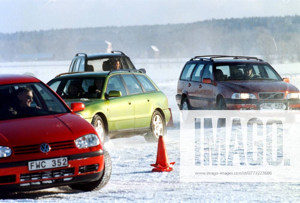 STOCKHOLM 8FEB1999 Slalom driving between cones is just one of the many tests that the four-wheel drive cars had to undergo in DN Bils comparison The four test objects behave very differently when pressed on the ice tracks SWEDEN