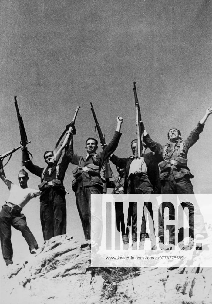 Orig caption THE CIVIL WAR IN SPAIN After a victory on the Guadarrama front, loyalist militia do not hide their joy Note Spanish Civil War armed conflict between right wing and left wing f