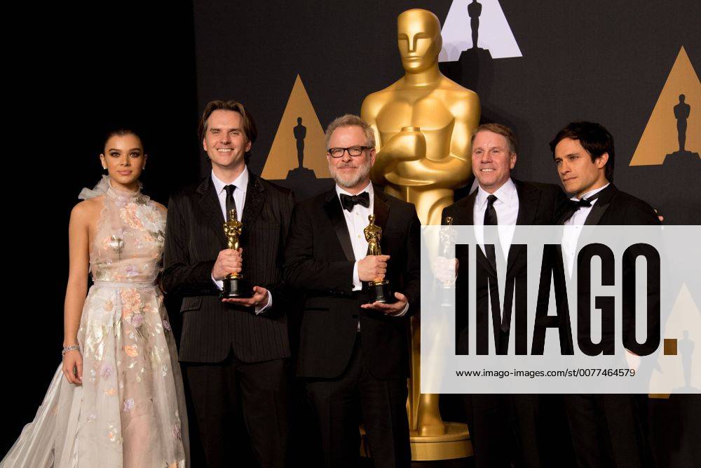 Feb 26, 2017 - Hollywood, California, U.S - Oscar Winners, Byron Howard, Rich Moore and Clark Spencer, pose backstage with Hailee Steinfeld and Gael Garcia Bernal the Oscar for Best animated feature film of the year for outstanding work on the Zootopiaâ during the live ABC Telecast of The 89th Oscars at the Dolby Theatre in Hollywood, CA on Sunday, February 26, 2017. Hollywood U.S. - ZUMAz03_ 20170226_sho_z03_589
