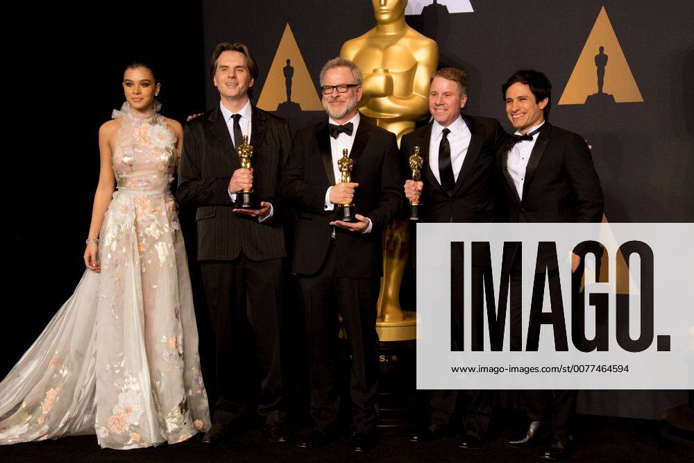 Feb 26, 2017 - Hollywood, California, U.S - Oscar Winners, Byron Howard, Rich Moore and Clark Spencer, pose backstage with Hailee Steinfeld and Gael Garcia Bernal the Oscar for Best animated feature film of the year for outstanding work on the Zootopiaâ during the live ABC Telecast of The 89th Oscars at the Dolby Theatre in Hollywood, CA on Sunday, February 26, 2017. Hollywood U.S. - ZUMAz03_ 20170226_sho_z03_588