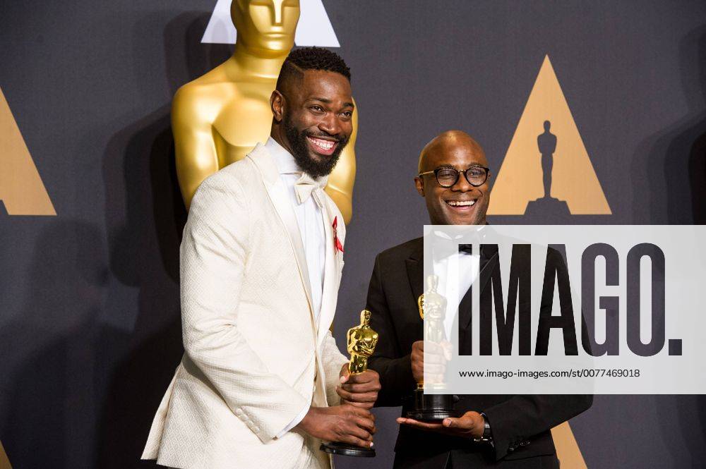 Writer Tarell Alvin McCraney (L) and director Barry Jenkins, winners of Best Picture Moonlight , pose at press room of the 89th Academy Awards at the Dolby Theater in Los Angeles, the United States, on Feb. 26, 2017. ) (zjy) U.S.-LOS ANGELES-OSCAR-AWARD YangxLei