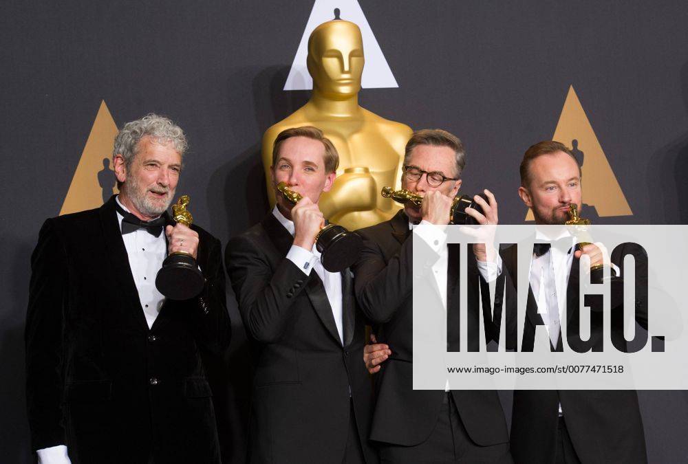 (L-R) Sound mixers Peter Grace, Robert Mackenzie, Kevin O Connell and Andy Wright pose after winning the Best Sound Mixing award for Hacksaw Ridge at press room of the 89th Academy Awards at the Dolby Theater in Los Angeles, the United States, on Feb. 26, 2017. )(zf) U.S.-LOS ANGELES-OSCAR-AWARD YangxLei