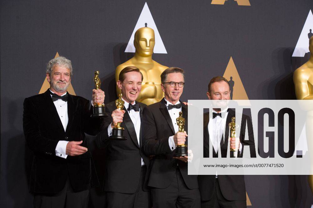 (L-R) Sound mixers Peter Grace, Robert Mackenzie, Kevin O Connell and Andy Wright pose after winning the Best Sound Mixing award for Hacksaw Ridge at press room of the 89th Academy Awards at the Dolby Theater in Los Angeles, the United States, on Feb. 26, 2017. )(zf) U.S.-LOS ANGELES-OSCAR-AWARD YangxLei
